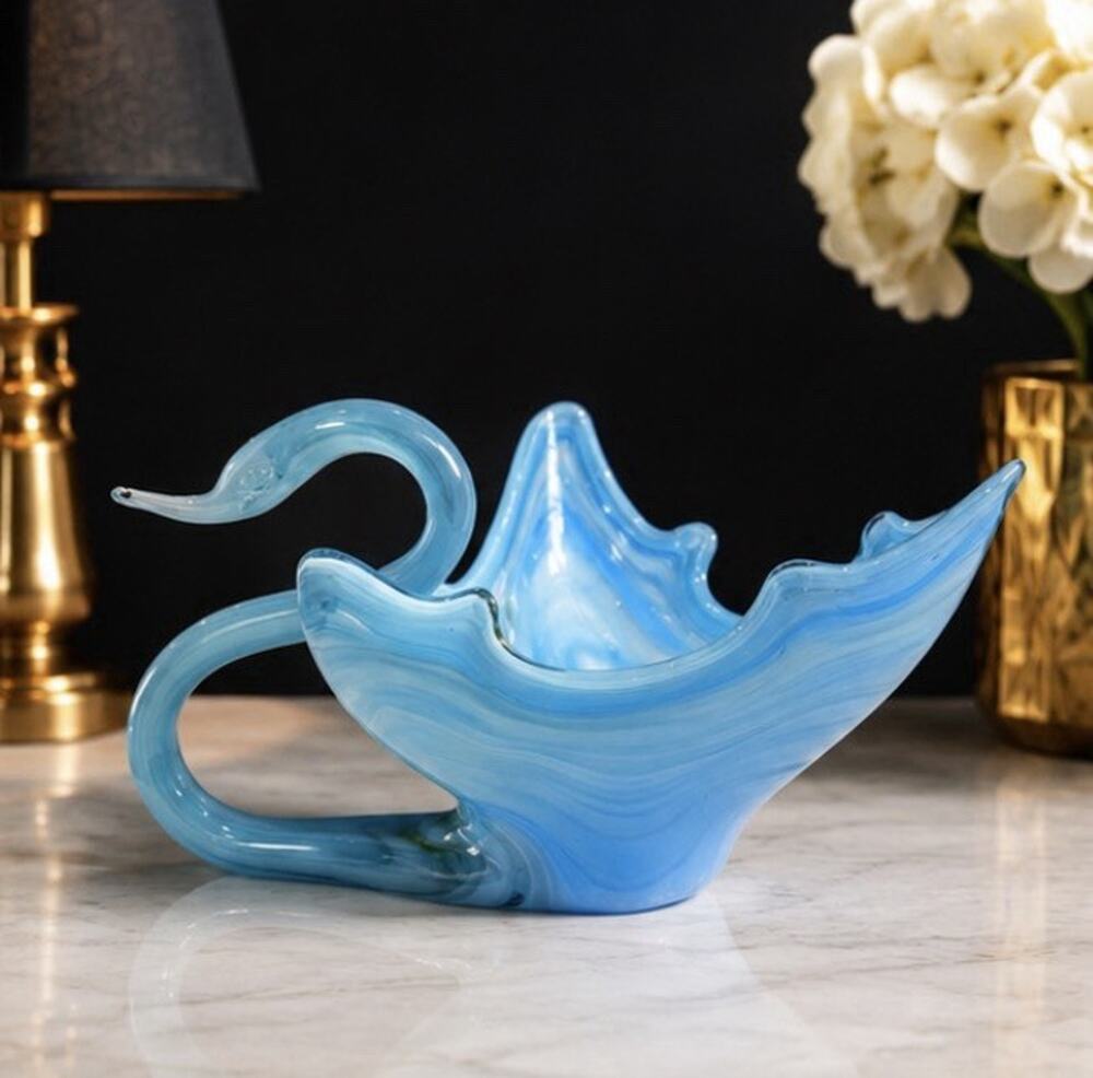 Vintage Large Hand Blown Blue Art Glass Swan Centerpiece Bowl Murano Style 12”